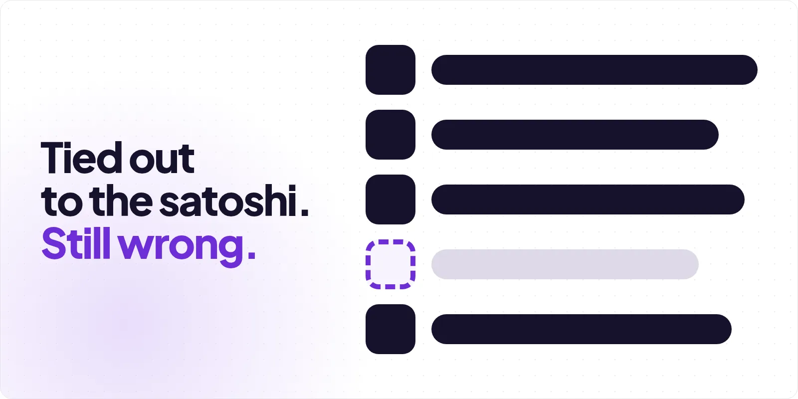 Cover reading "Tied out to the satoshi. Still wrong", beside a five-row checklist of charcoal ticks and bars in which one row is an empty dashed violet box against a pale grey bar