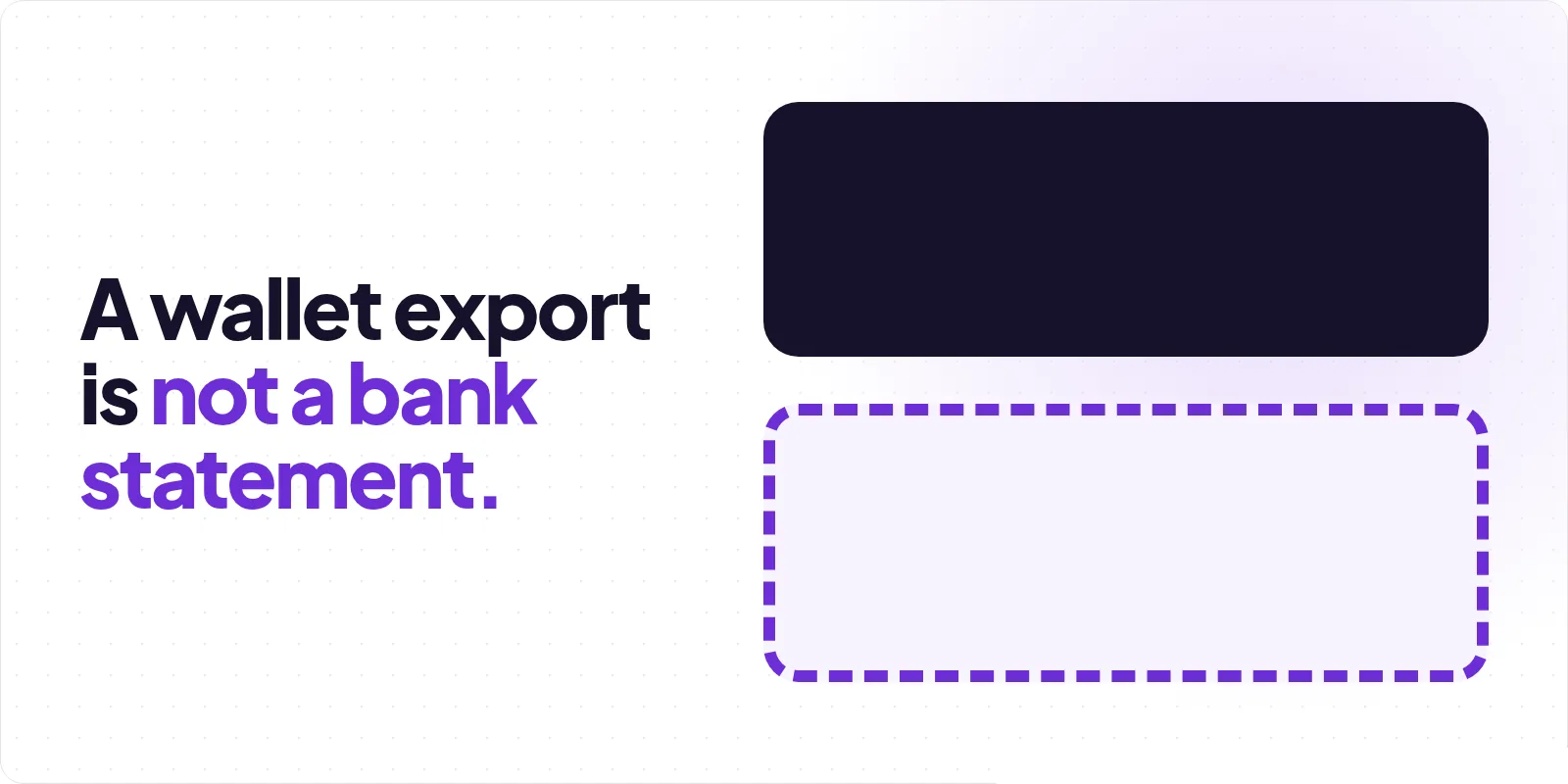 Cover reading "A wallet export is not a bank statement", beside a solid charcoal panel stacked above an empty panel of the same size drawn in a dashed violet outline