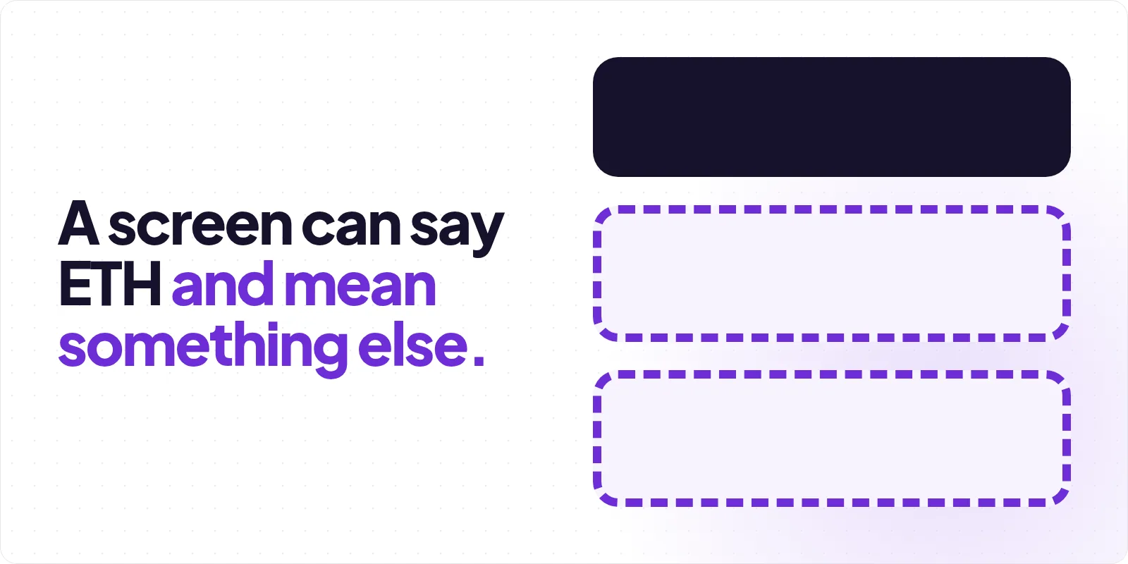 Cover reading "A screen can say ETH and mean something else", beside a solid charcoal panel stacked above two panels of the same size drawn in dashed violet outline