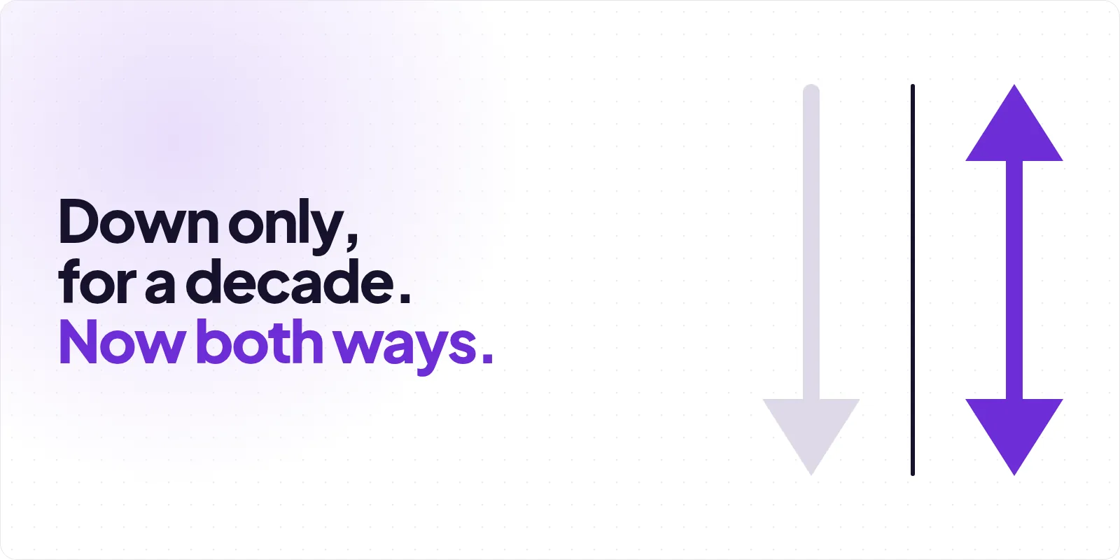 Cover reading "Down only, for a decade. Now both ways", beside a pale arrow pointing only downwards and, across a vertical rule, a violet arrow pointing both up and down