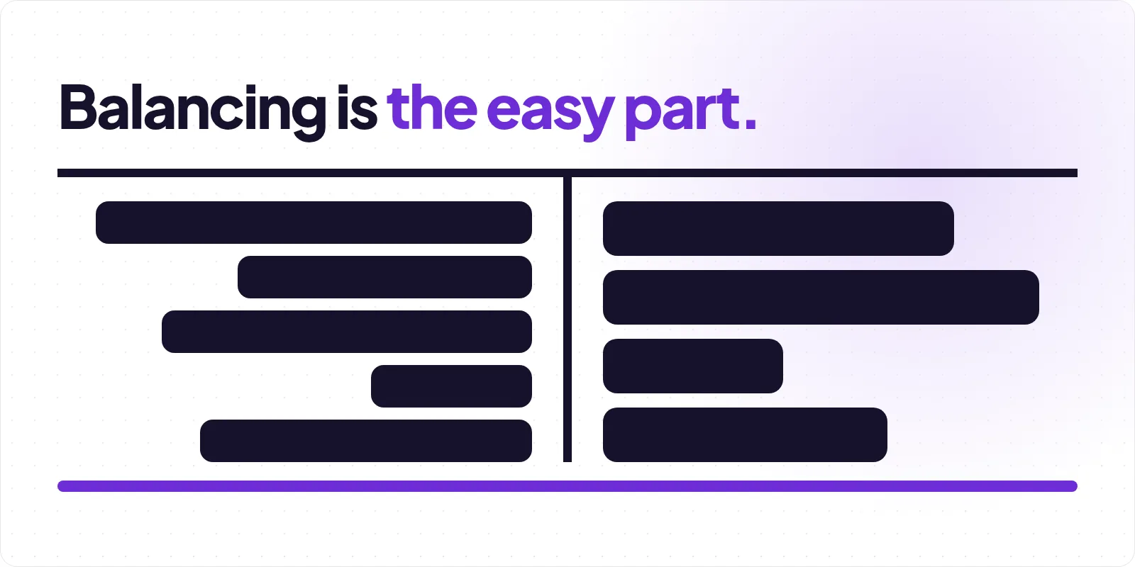 Cover reading "Balancing is the easy part", above a two-column T-account of charcoal bars of differing widths, ruled across the top and underlined in violet