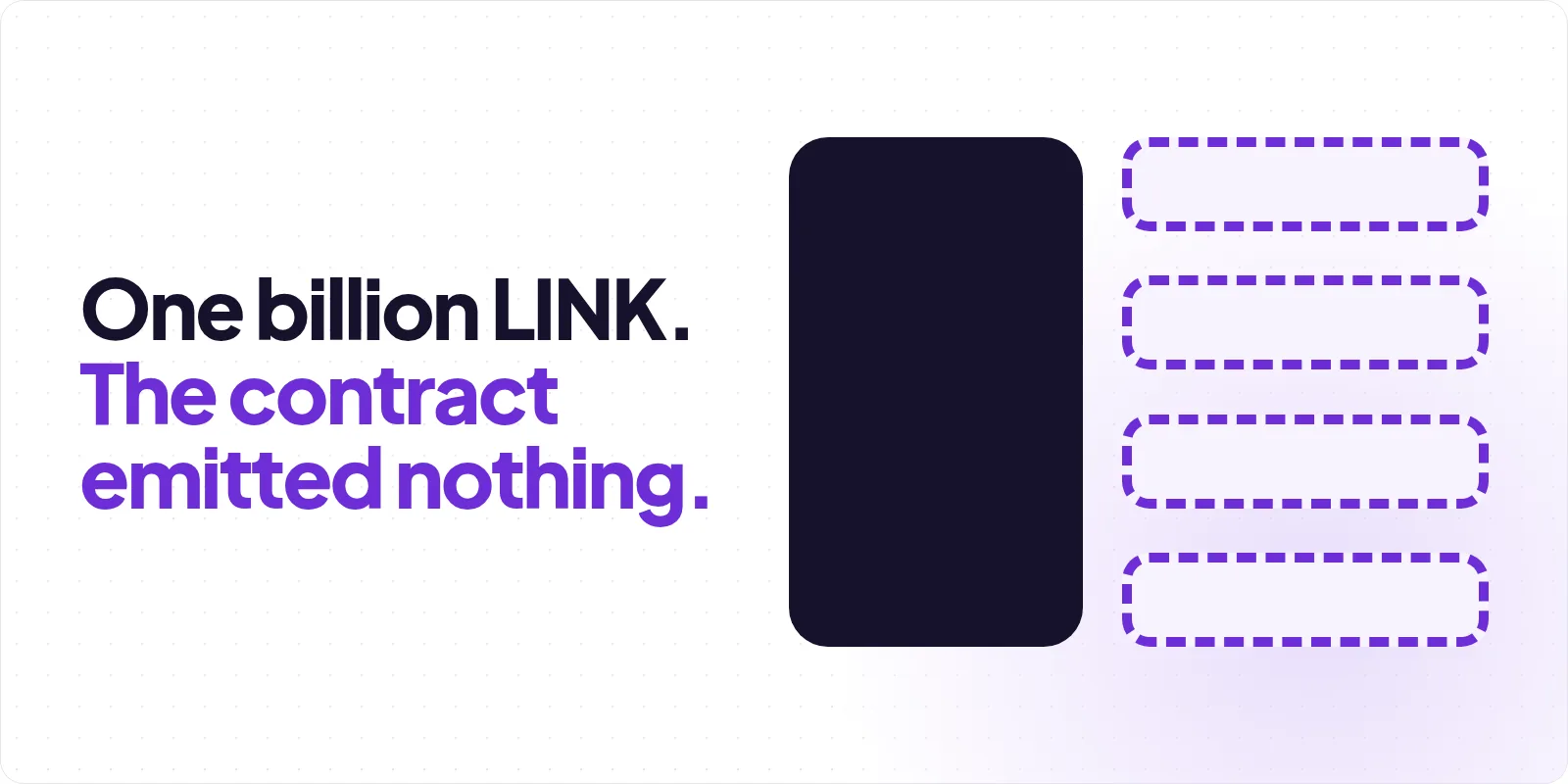 Cover reading "One billion LINK. The contract emitted nothing.", beside a tall solid charcoal panel and a column of four empty rounded rows drawn in dashed violet outline on a faint dotted grid