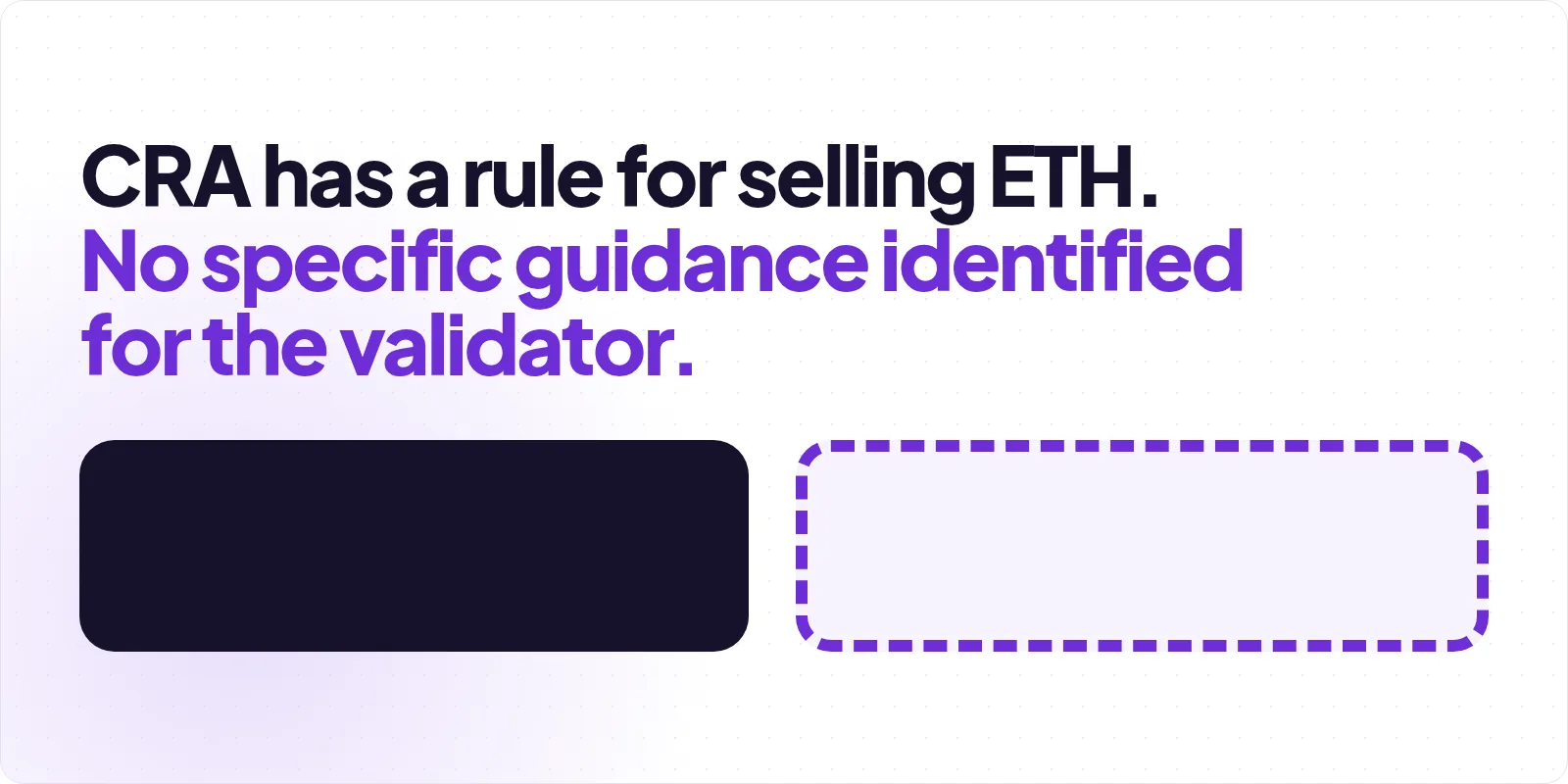 Cover reading "CRA has a rule for selling ETH. No specific guidance identified for the validator.", above a solid charcoal rounded panel set beside an empty panel of the same size drawn in a thick dashed violet outline