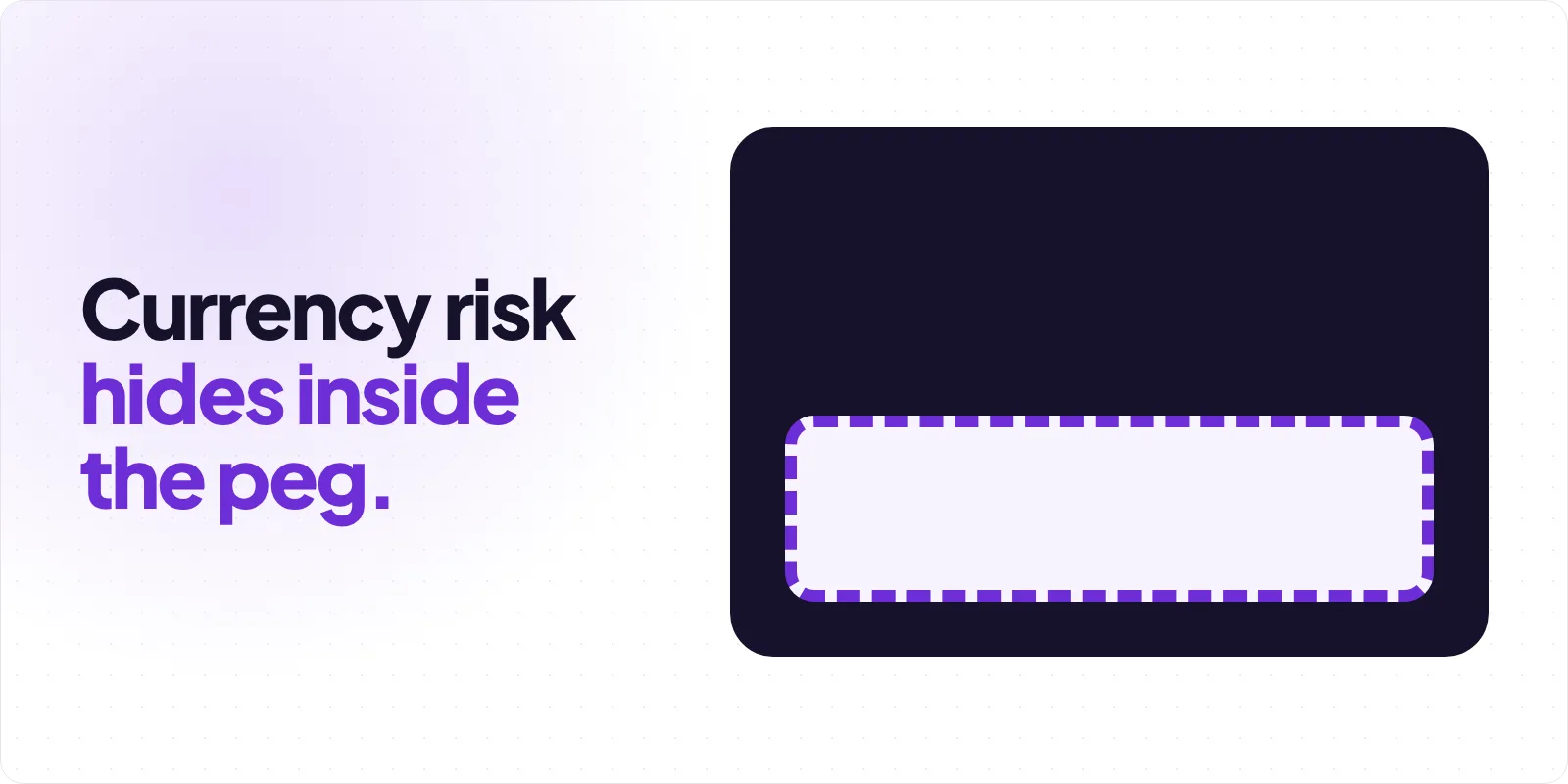 Cover reading "Currency risk hides inside the peg." beside a large dark panel with an empty violet dashed box along its bottom edge, on a pale dotted background